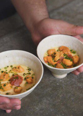 The Urchin Futures dinner menu was developed in conversation with the local chefs Nikhil Navnish Naiker and Trinity Auriemma, whose cooking style revolved around sourcing, showcasing local seafood, and using local seafood season-al vegetables grown in Rhode Island. Together, we created a menu that explores uni beyond its raw state and imagines urchin roe as a more versatile ingredient. Anastasiia Raina Associate Professor at RISD